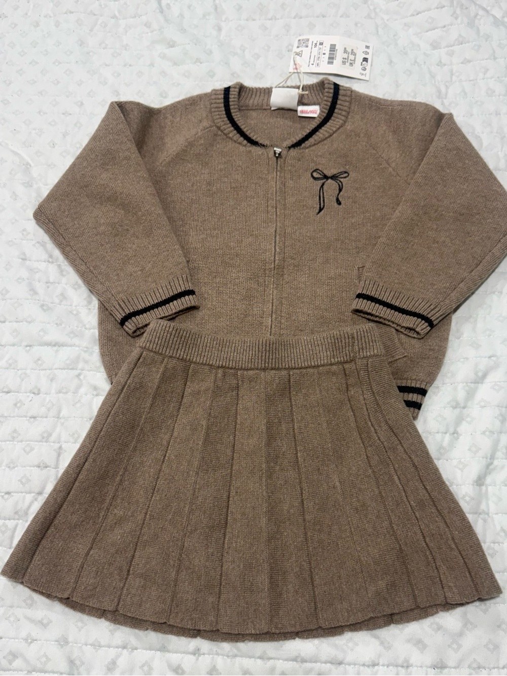Zara Girls Brown Knit Zip Cardigan & Pleated Skirt Set
